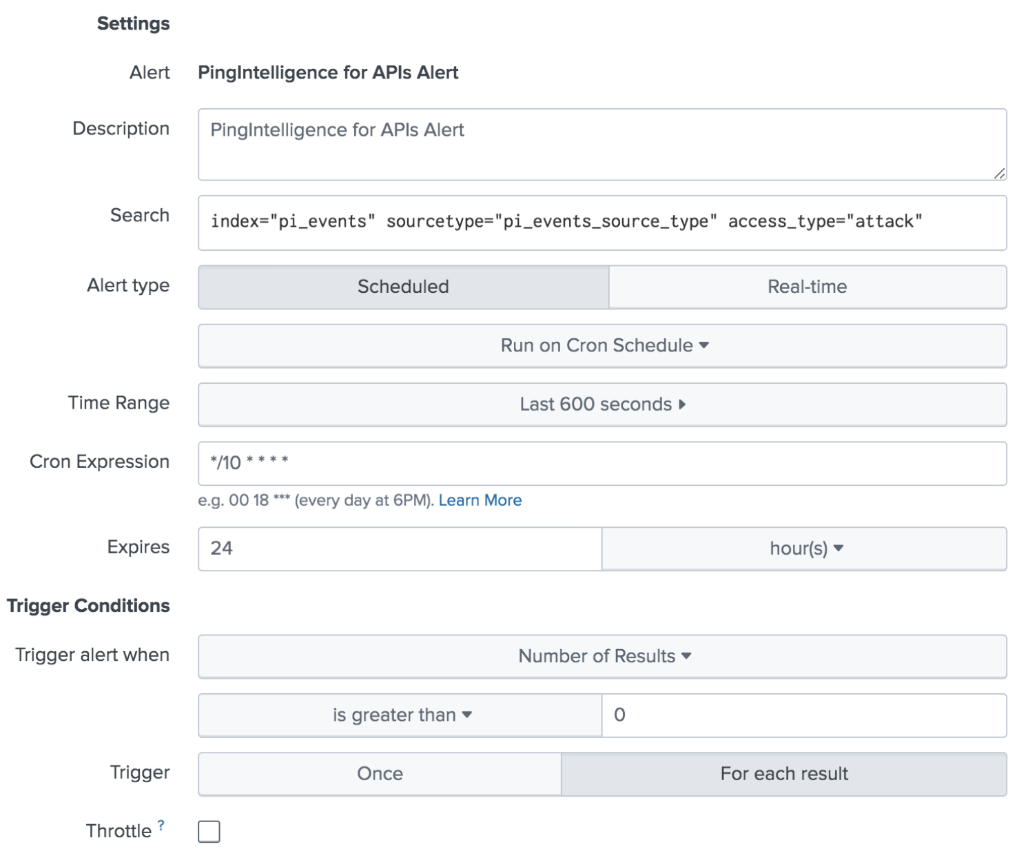 A screenshot of the Alert Settings page in Splunk.