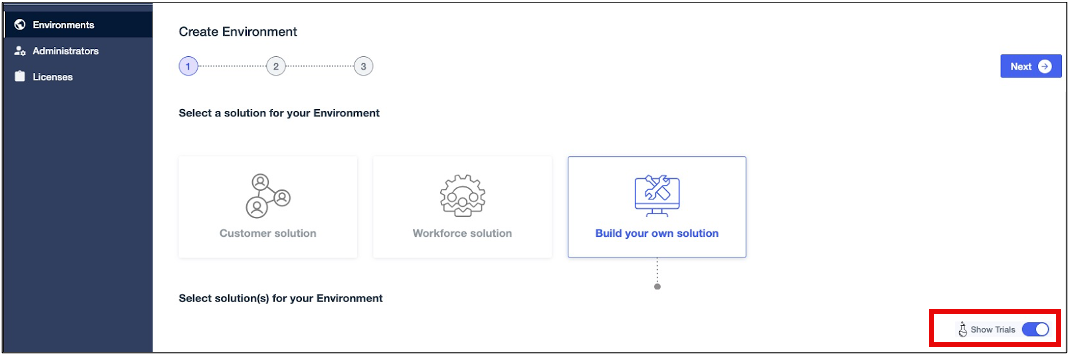 A screenshot of the Create Environment window with the Show Trials toggle highlighted.