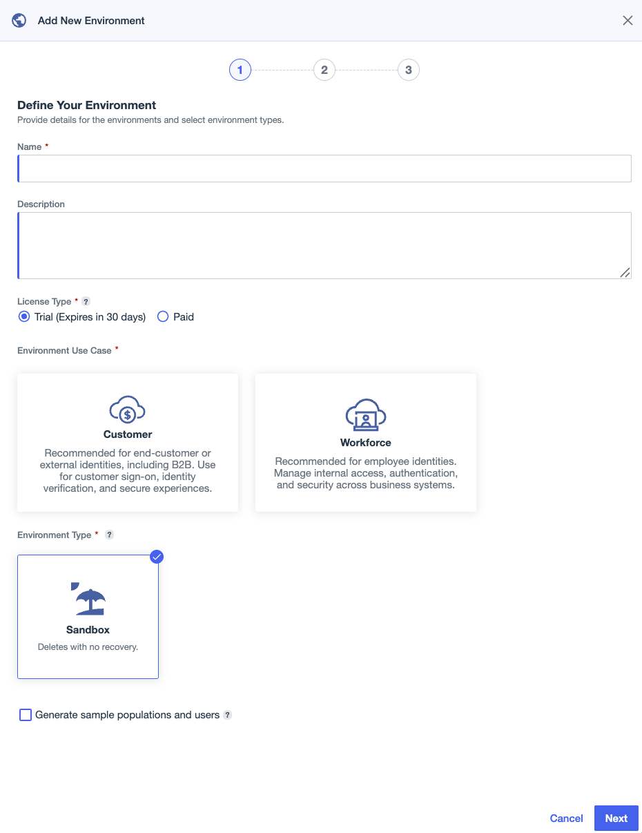A screenshot of the Add New Environment setup assistant in PingOne.