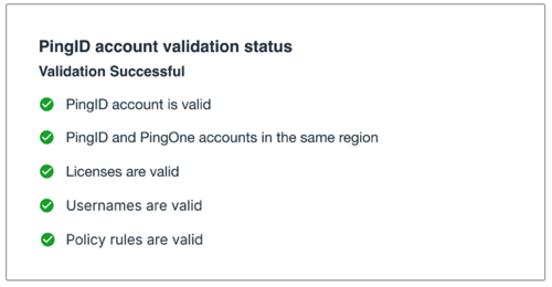 A screenshot of the Validation Successful status for an existing PingID account in PingOne.