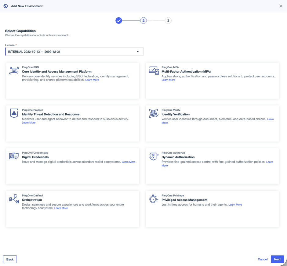 A screenshot of the Select Capabilities page for paid environments in PingOne.