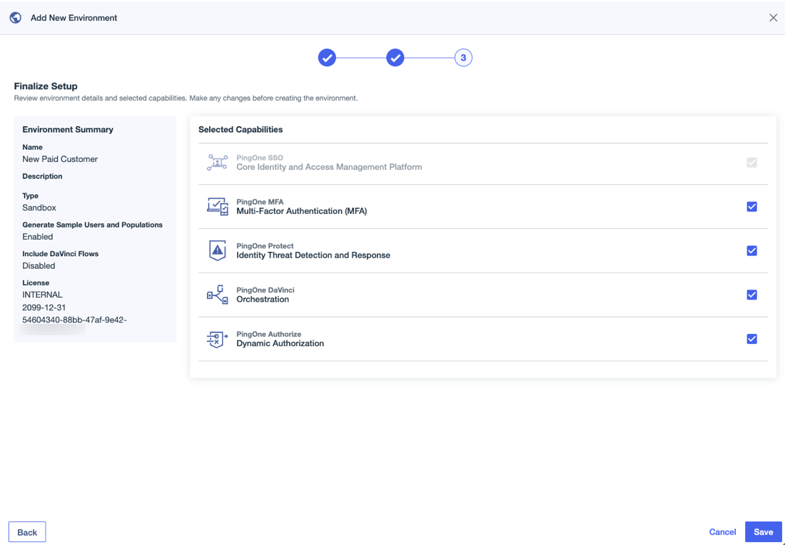 A screenshot of the Finalize Setup page for paid environments in PingOne.