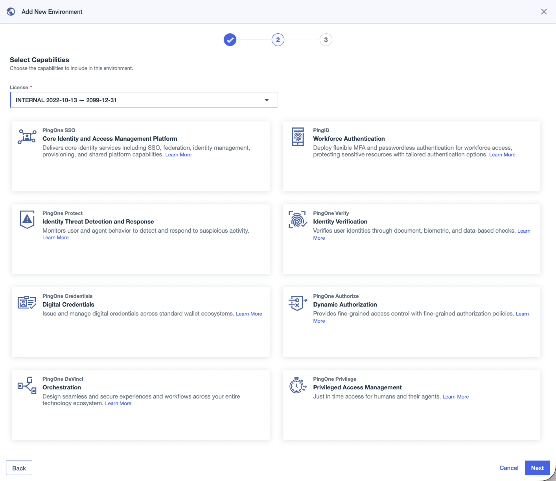 A screenshot of the Select Capabilities page for paid workforce environments in PingOne.