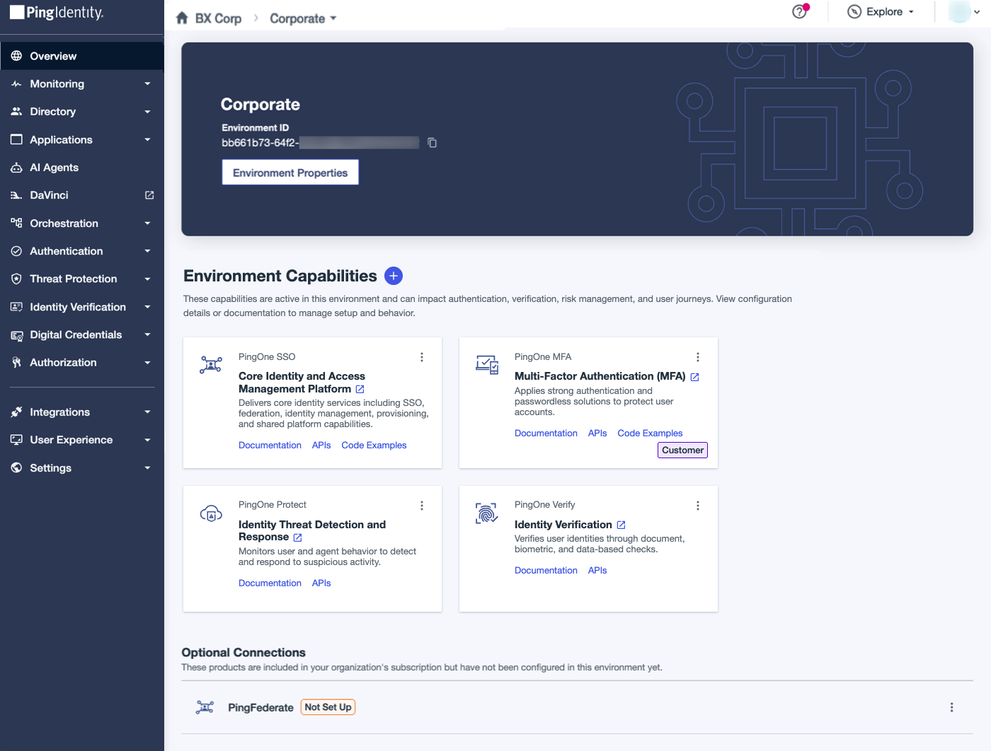 A screenshot of the Overview page for an environment showing included services and products.