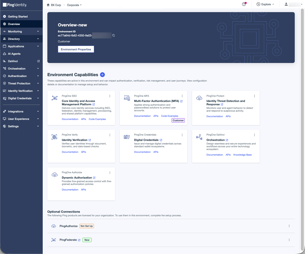 A screen capture of the Overview page for an environment.