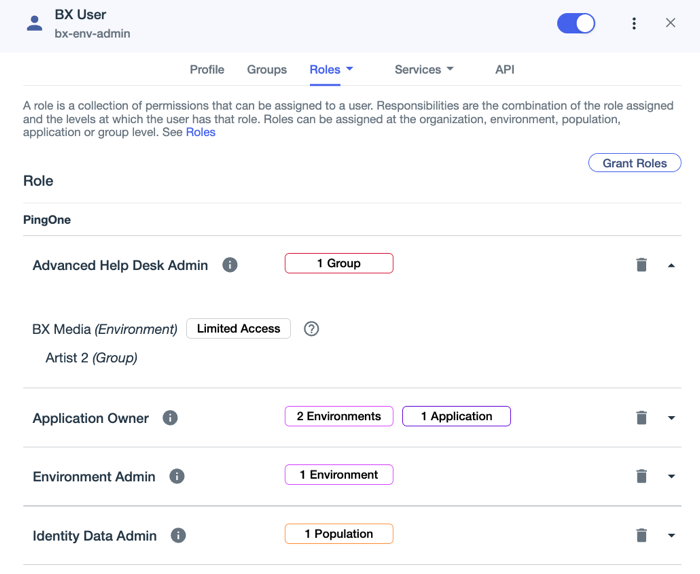 Screen capture of the Help Desk Admin role expanded to show detailed information about the group over which the user is assigned the role.