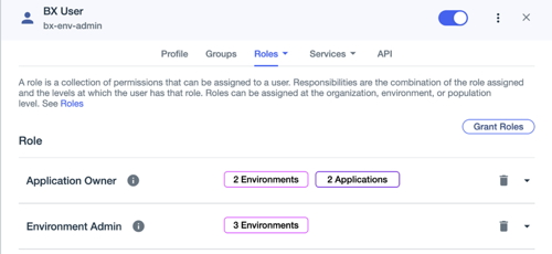 A screen capture of the user details for BX User. Roles > Administrator Roles is selected, and shows the assignment of the Application Owner role over 2 environments, and in a third over two applications. Also shows the Environment Admin role in three environments.