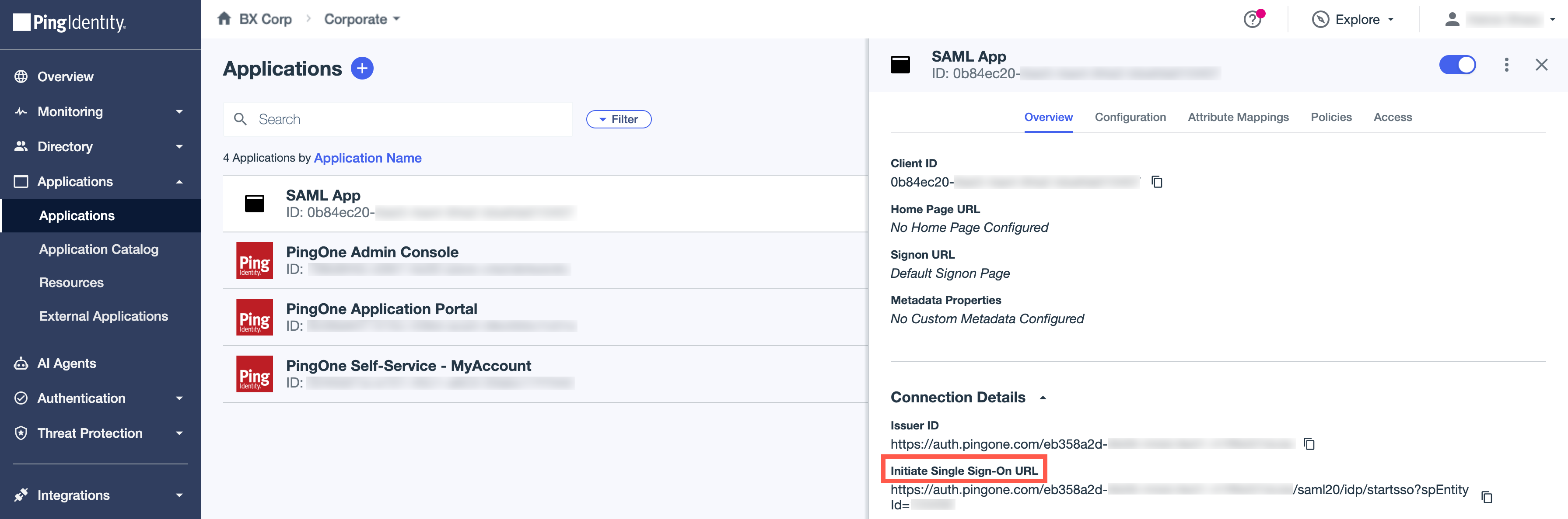 A screen capture of an application’s Overview tab - Initiate Single Sign-On URL highlighted.