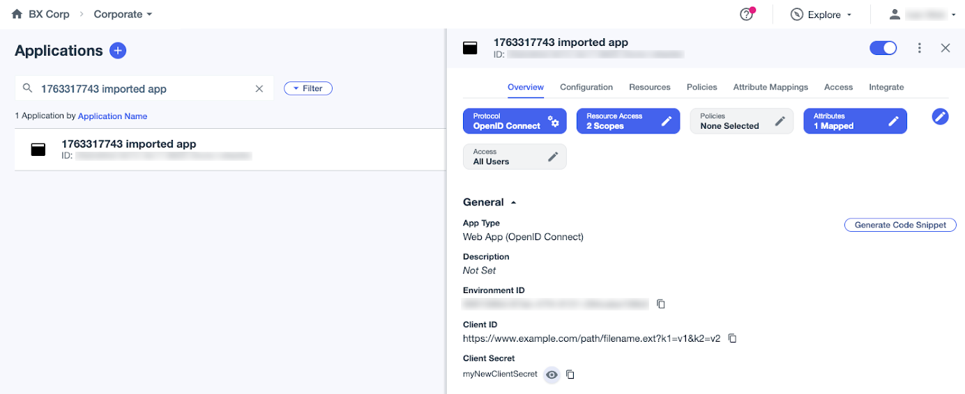 A screen capture of an imported application on the Applications page