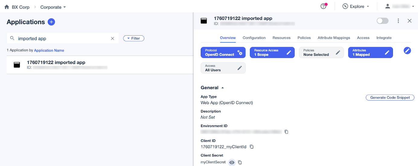 A screen capture of an imported application on the Applications page