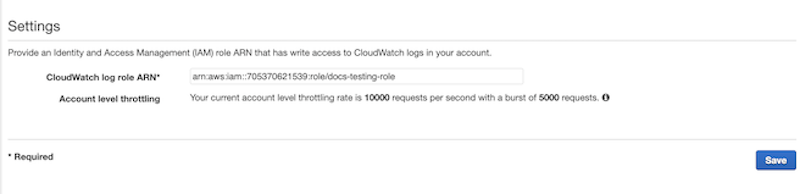 Screen capture of an example API settings page with an example IAM role ARN entered in the CloudWatch log role ARN