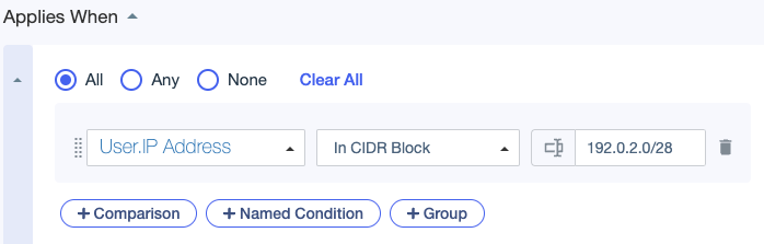 Screen capture showing a condition comparing an IP address attribute to an IP address range in CIDR notation using the In CIDR Block comparator.