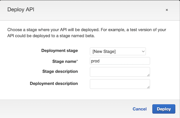 Screen capture of the Deploy API modal with options for creating a new production stage.