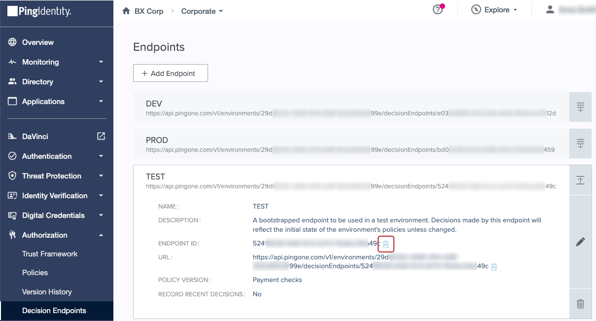 Screen capture of the Test endpoint showing the Endpoint ID and the copy icon.