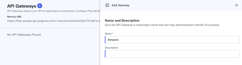 Screen capture displaying the name and description fields of an example Amazon API Gateway in