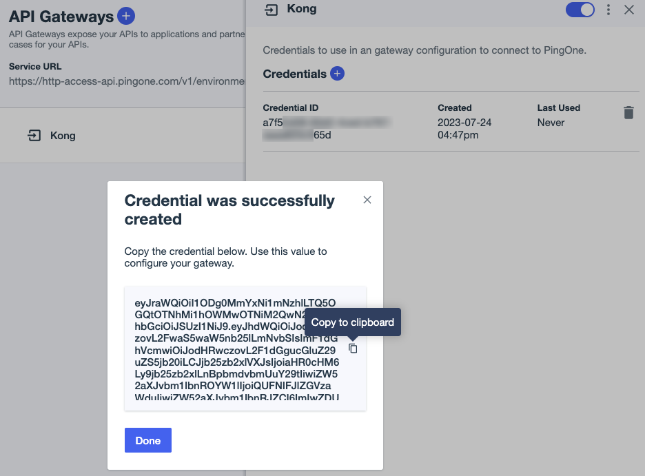 Screen capture of the API Gateway credential window in PingOne Authorize.