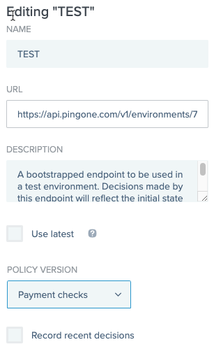 Screen capture of editing options for the Test endpoint in Decision Endpoints.