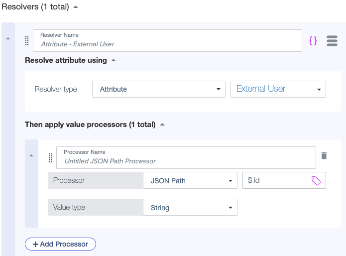 Screen capture showing the parent attribute resolver and JSON path processor for the Id attribute.