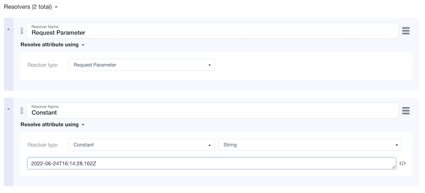 Screen capture of a Request Parameter and a Constant resolver defined on the Datetime attribute, in that order.