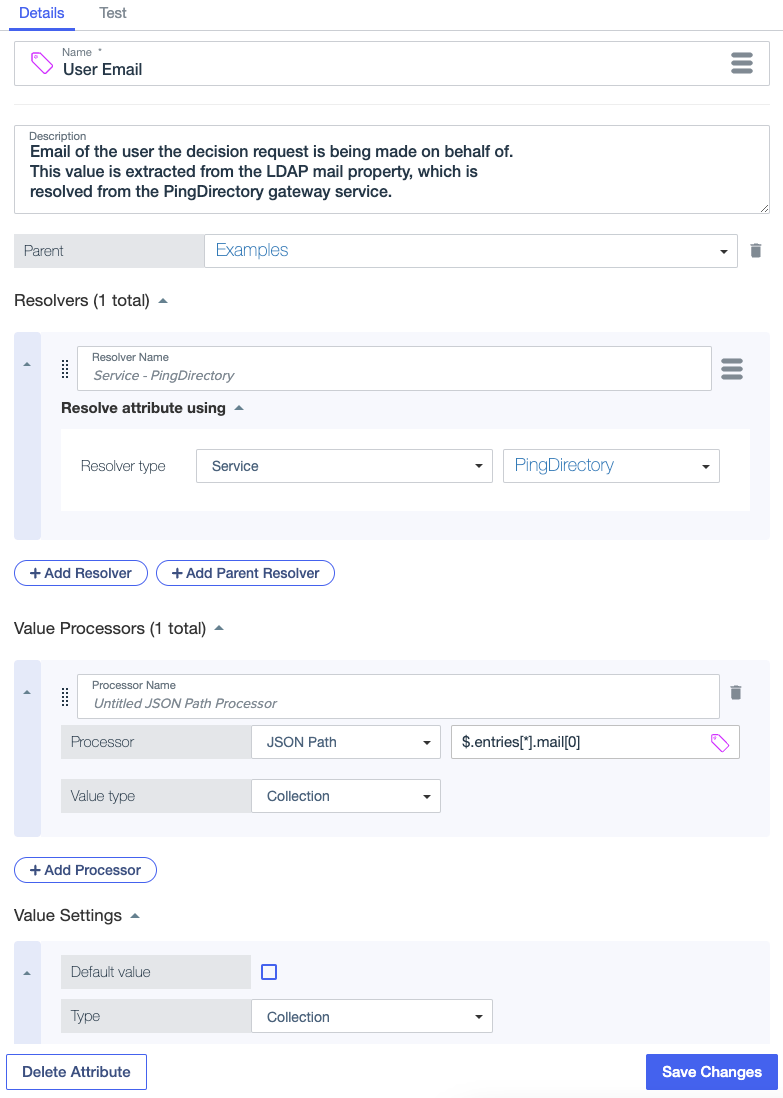 Screen capture showing the example User Email attribute, including a JSON Path processor.