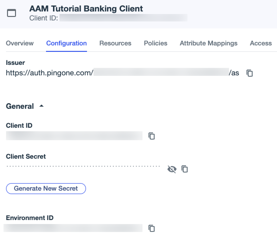 Screen capture of banking app Configuration tab showing the Client ID, Client Secret, Environment ID, and associated copy icons.