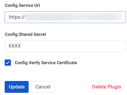 Screen capture of ping-auth plugin Config.Service Url and Config.Shared Secret fields in Kong Manager.