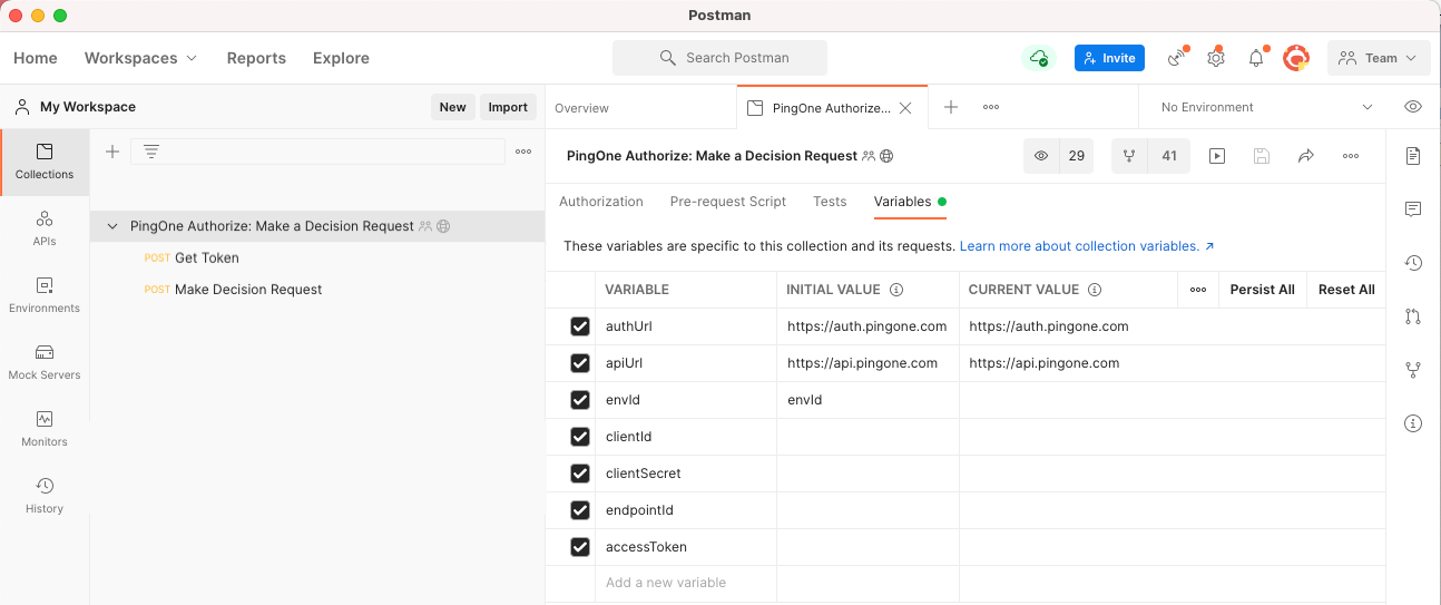 Screen capture of the PingOne Authorize: Make a Decision Request collection in Postman showing the Variables tab.