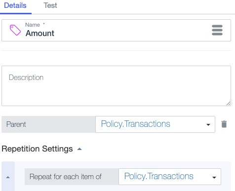 Screen capture showing the Repeat for each item of field in the Repetition Settings section of an attribute.