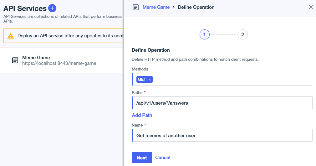 Screen capture of the Define Operation window showing Method, Path, and Name settings.