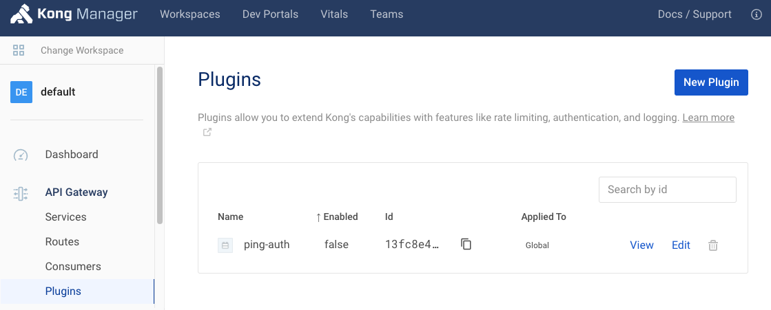 Screen capture of the Plugins page in Kong Manager.