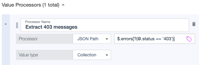 Screen capture showing a JSON Path processor with an expression that extracts messages with a 403 code.