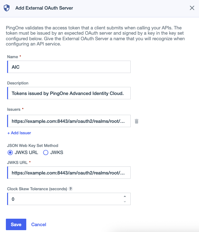Screen capture showing the OAuth server Name, Description, Issuers, JWKS URL, and Clock Skew Tolerance fields in the Add External OAuth Server panel.