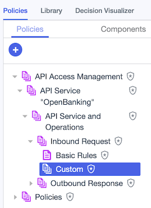 Screen capture showing the API Access Management policy tree expanded to the Custom policy set for Inbound Requests.