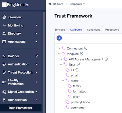 Screen capture of the Attributes tab in the PingOne Authorize Trust Framework showing the User and ID attributes nested under the PingOne parent attribute.