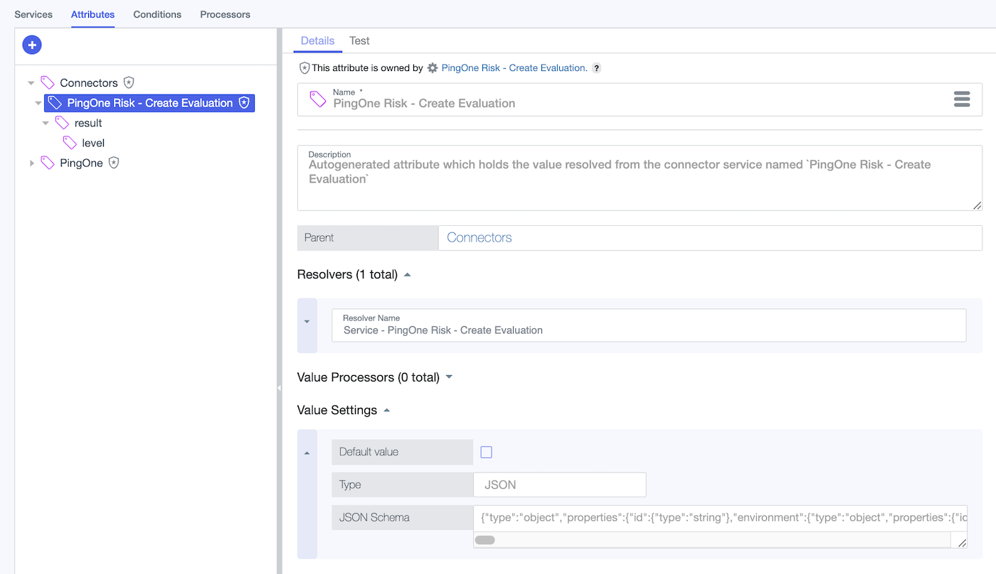 Screen capture showing an automatically generated attribute with a service resolver and JSON schema from the Risk service.