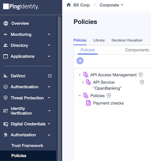 Screen capture showing the Policies and API Access Management root policy sets, the shield icon, and a policy nested under root policy set.