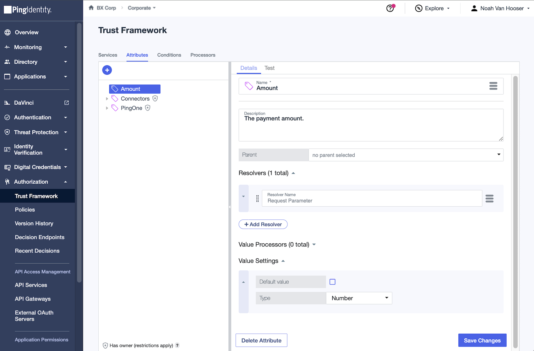 Screen capture showing the Attributes tab in the Trust Framework.