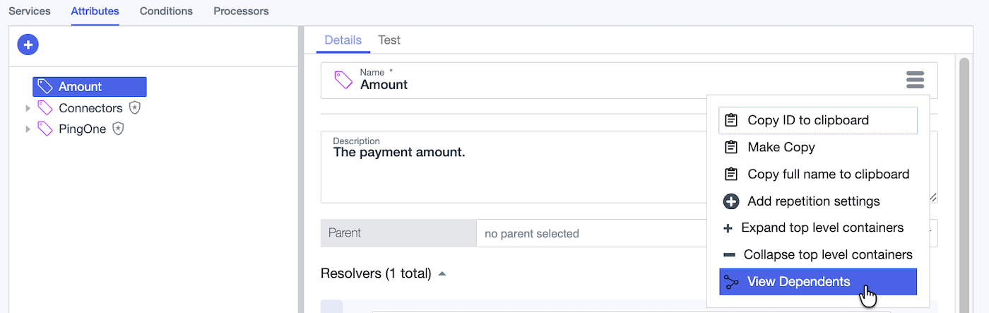 Screen capture showing the view dependents option in the hamburger menu.