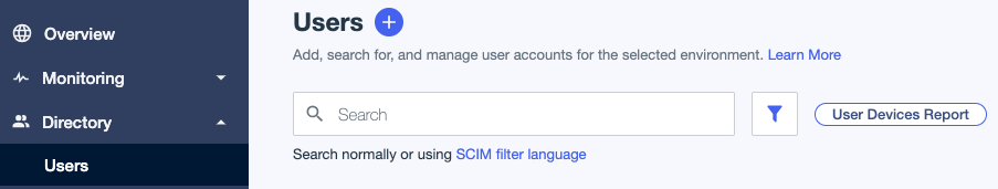 Screen capture of the Users page in PingOne showing the plus icon for adding a user.