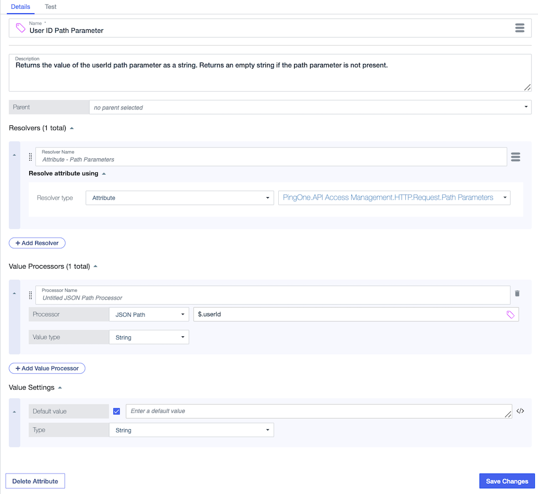 Screen capture showing a resolver for the API Access Management Path Parameters attribute working with a JSONPath processor to extract the user ID from the decision request URL.