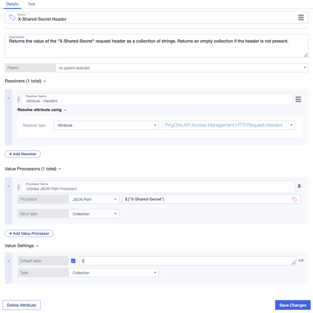 Screen capture showing a Request Headers attribute resolver and a JSONPath value processor that work together to extract a custom header value.