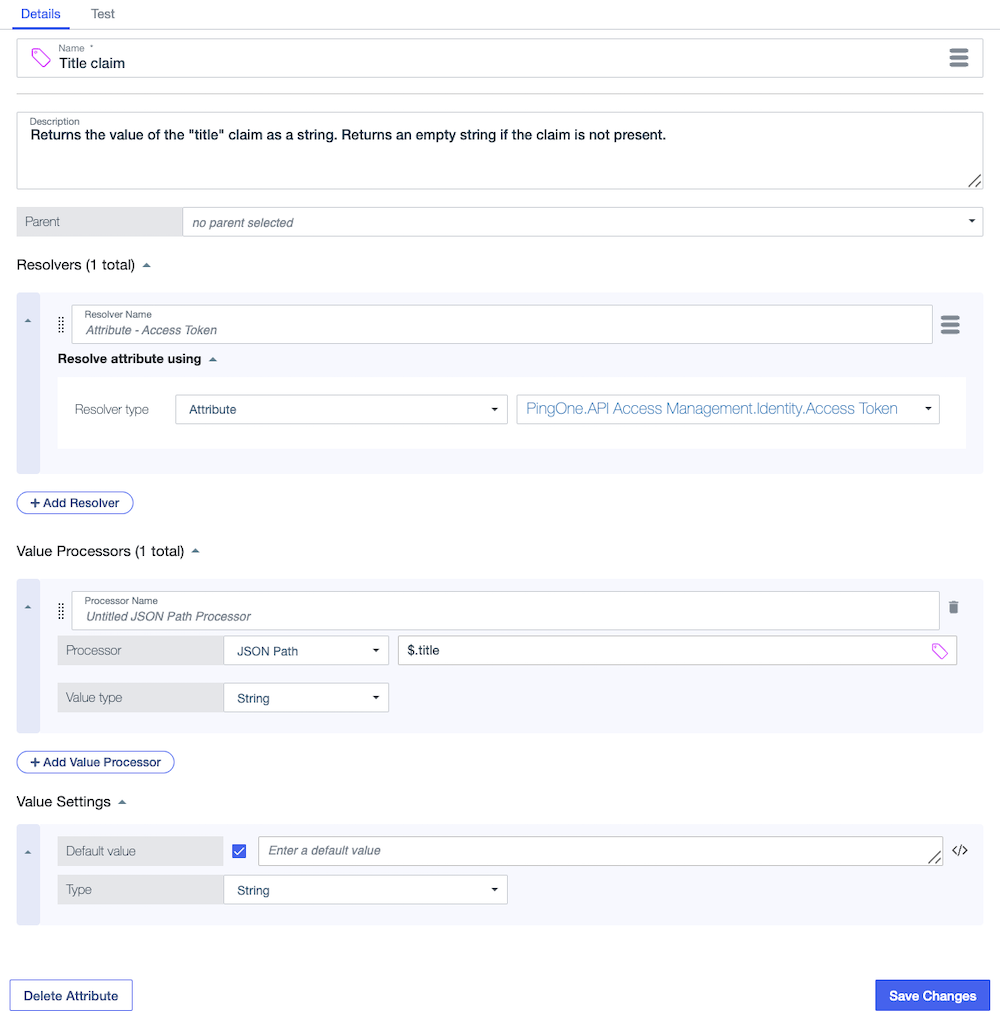 Screen capture showing an Access Token attribute resolver and a JSONPath value processor that work together to extract the custom Title claim from the access token.