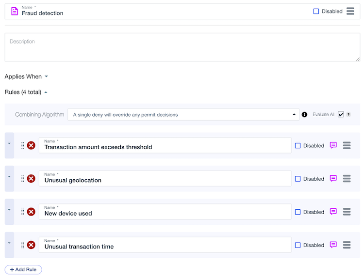 Screen capture of the Fraud detection policy with four risk signal rules defined.