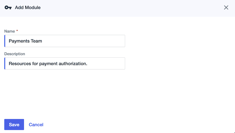 Screen capture showing the Name and Description fields in the Create New Module panel.