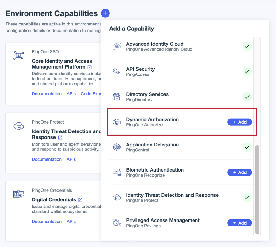 Screen capture showing PingOne Authorize in the Add a Capability list.