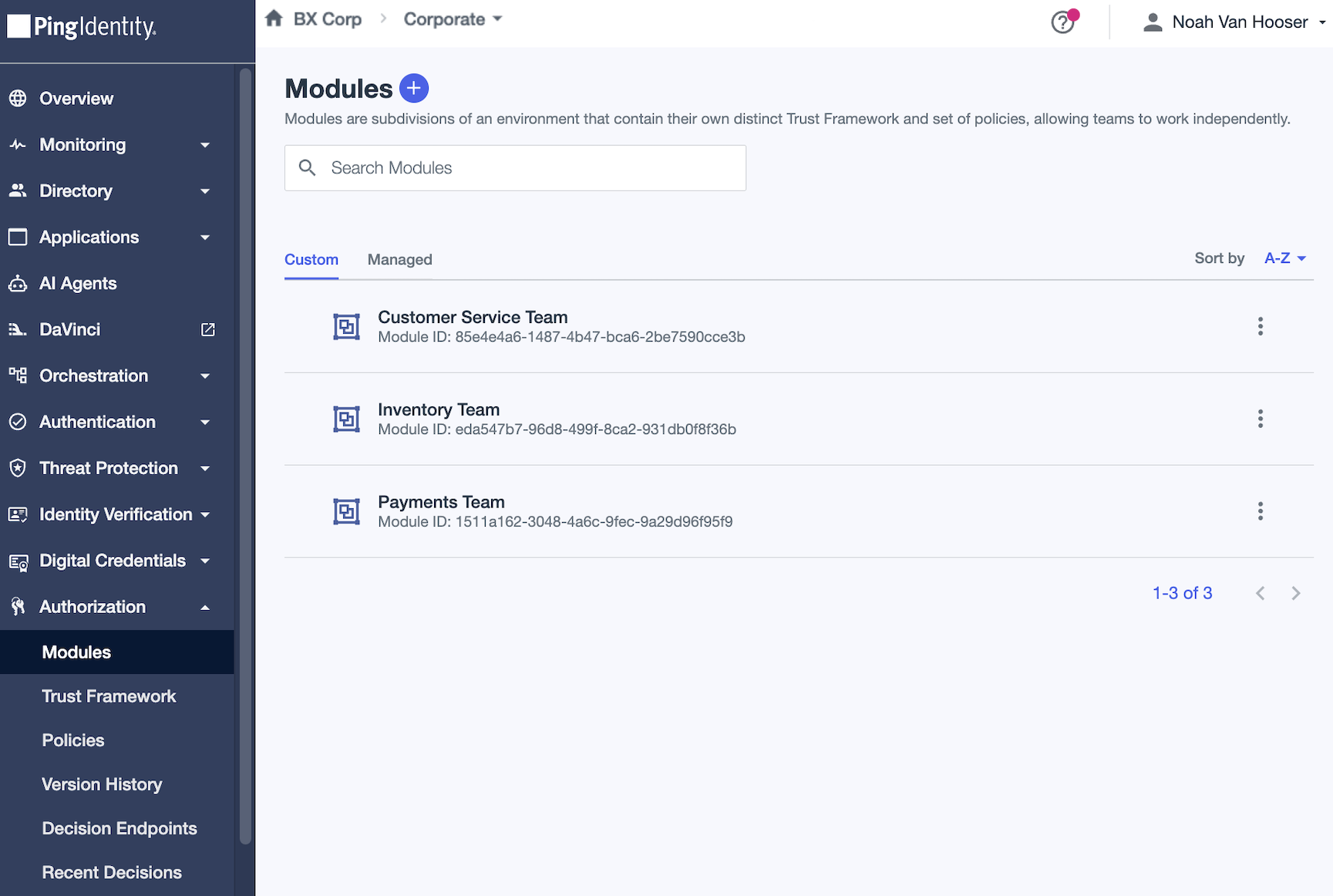 Screen capture of the Custom tab on the Modules page.