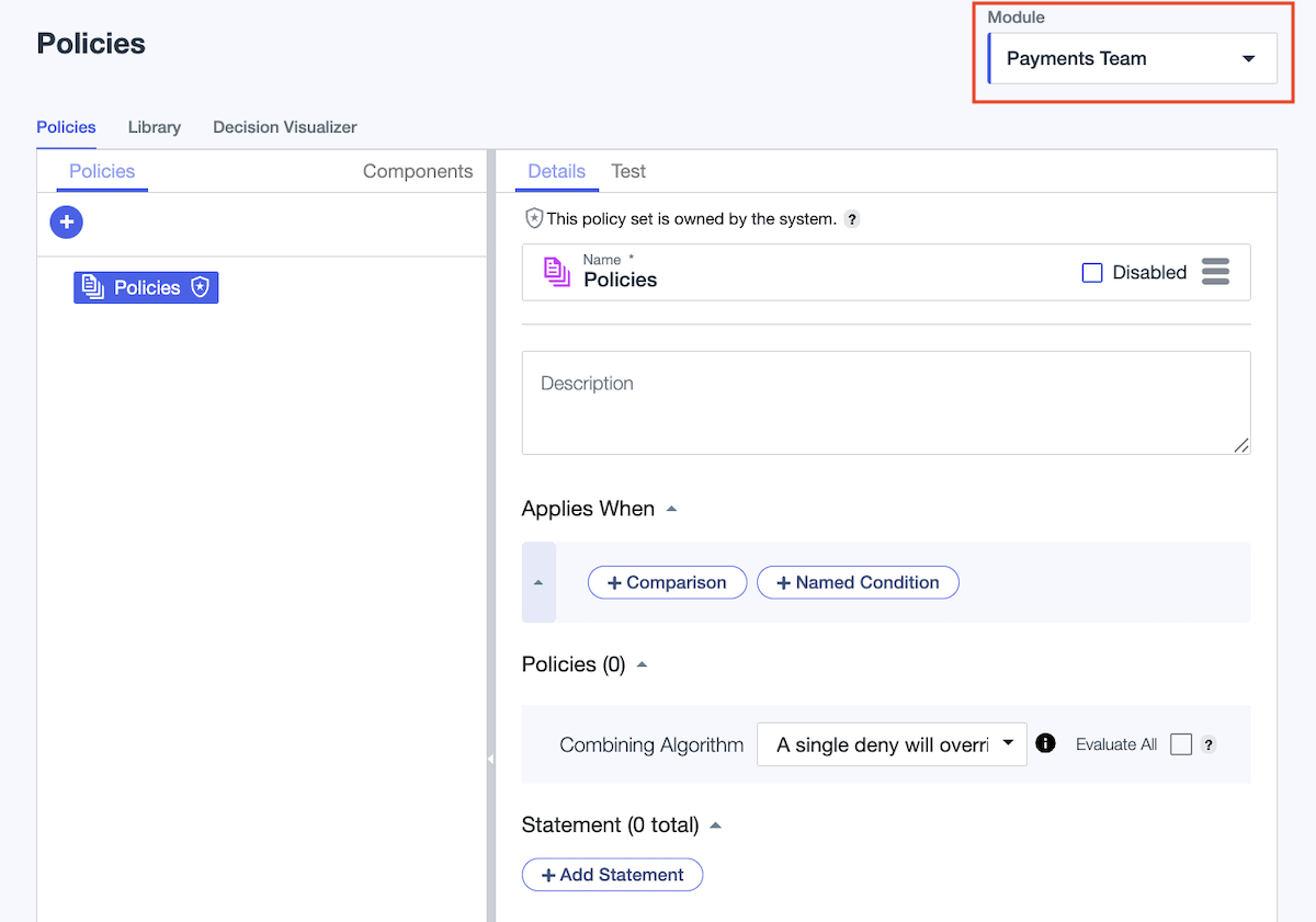 Screen capture showing the Module list on the Policies page.