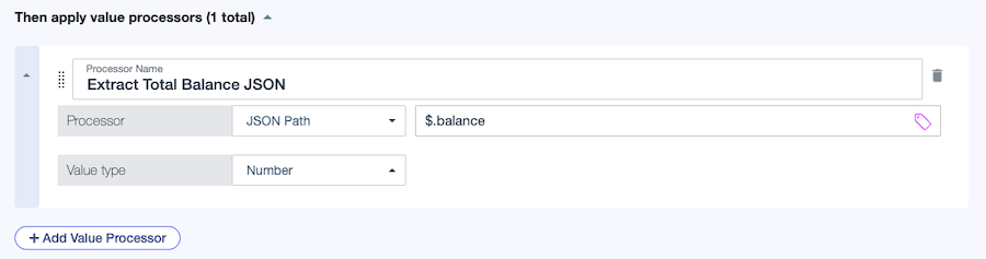 Screen capture of the Extract total balance JSON processor defined on the Account Details resolver, with a JSON Path processor and value type of Number.