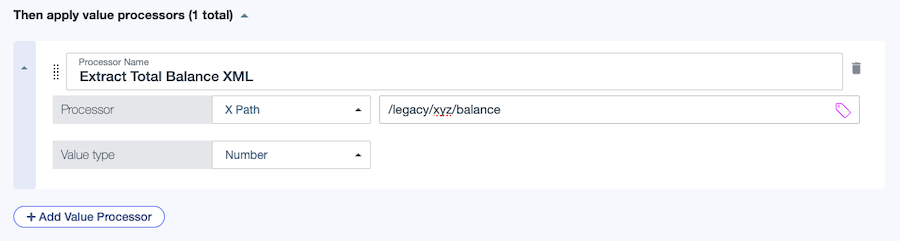 Screen capture of the Extract total balance XML processor defined on the Legacy Account Details resolver, with an XPath processor and value type of Number.