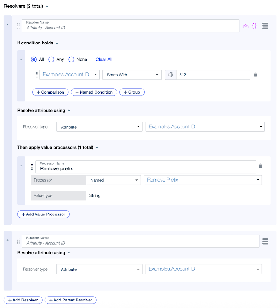Screen capture showing an attribute resolver with a condition that identifies Account IDs that begin with a 512 prefix and a processor that removes the prefix.